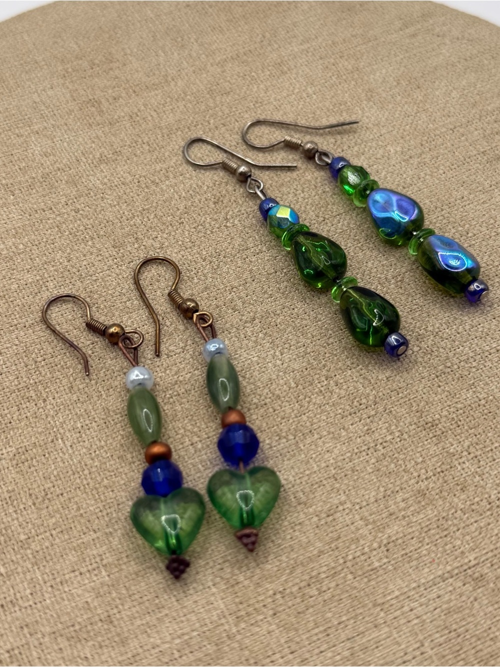 Set of 2 Handcrafted Green Glass Heart & Bead Earrings